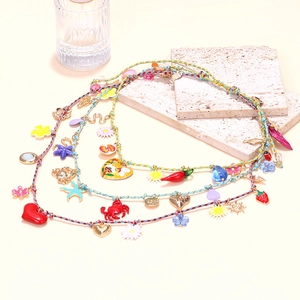 Bohemian multi-layer braided necklace set with colorful heart, starfish and shell charms