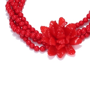 Handmade red beaded multi-layer necklace featuring a large 3D resin flower pendant