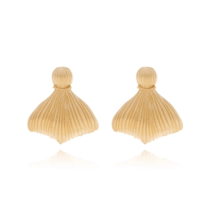 Retro golden fan-shaped earrings with textured pleats on a clean white background