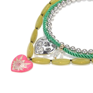 Multilayer beaded heart pendant necklace with green cord and silver metal beads