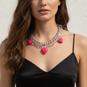 Layered Necklace With Resin Beads Alloy Heart Pendant Embossed Rose Vintage Sweet Holiday Jewelry For Women