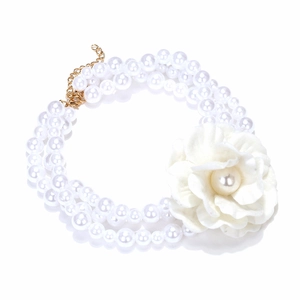 Three-layer faux pearl necklace with large white fabric camellia flower and gold clasp