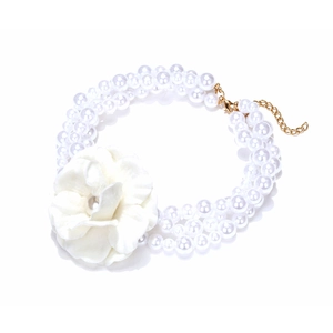 Handmade multilayer pearl necklace featuring a large white fabric camellia flower charm