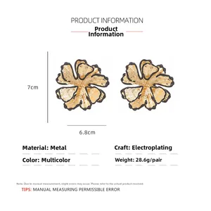 Detailed size specifications for oversized gold metal flower earrings with black trim