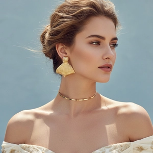 Vintage Fan Shaped Pleated Drop Earrings For Women Zinc Alloy With Stainless Steel Earring Post Retro Gold Texture