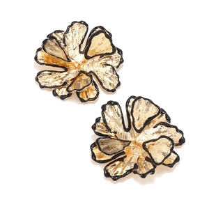 Fashionable golden double-layer flower stud earrings with black enamel edges for women