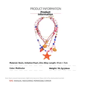 Detailed view of multilayer beaded necklace with shell starfish charms and colorful resin beads