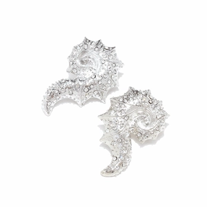 Exaggerated conch shell stud earrings in silver alloy with sparkling rhinestones