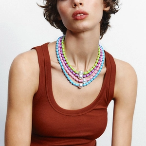 Collier En Künstliche Perles De Résine Rayées Colorées Avec Grand Pendentif Künstliche Perle D'imitation Bijoux Boho Y2K Pour Femmes