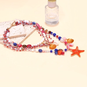 Handmade multi-layer ocean theme necklace with colorful beads, seashell, and starfish charms