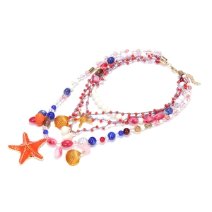 Multilayer ocean style beaded necklace with starfish pendants and colorful shells
