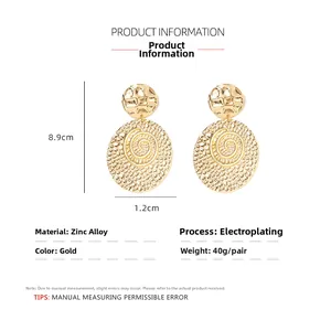 Detailed technical spec showing dimensions of gold spiral round drop earrings in 8.9cm size