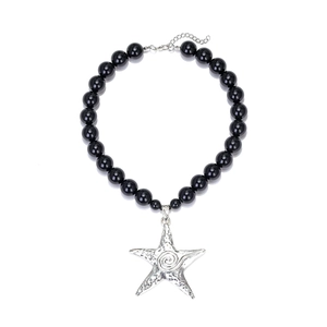 Handmade black beaded necklace featuring a silver textured starfish pendant on white background