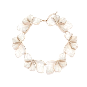 Exaggerated handmade enamel leaf necklace with white petals and golden edges