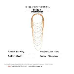 Detail view of gold multi-layer waterfall chain necklace showing 42.5cm plus 7cm length