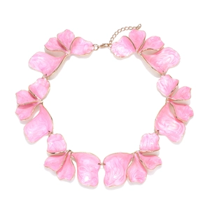 Exaggerated handmade pink enamel flower petal necklace with gold-plated metal trim