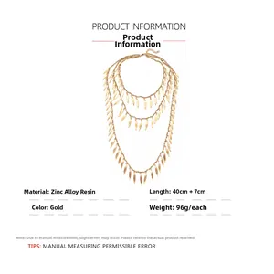 Detailed specs of layered leaf necklace with gold finish, 40+7cm length and 96g weight