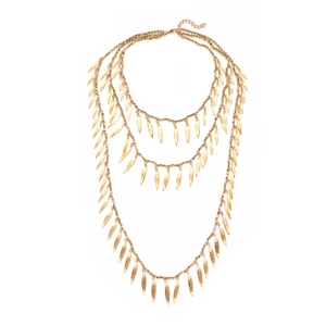 Three-layer gold beaded chain necklace with textured leaf pendants and lobster clasp