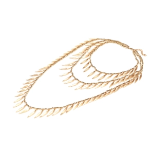 Golden multi-layer beaded necklace featuring textured leaf pendants and lobster clasp