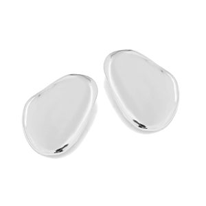 Detail of silver irregular organic pebble earrings with a polished mirror finish