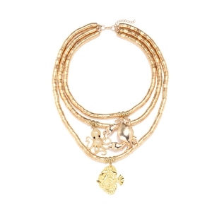 Bohemian multi-layer gold bead necklace with octopus, crab and fish ocean pendants