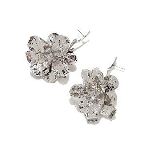 Vintage high-shine silver metal flower earrings with 3D abstract textured floral design