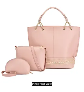 Set borse da donna rosa 3 pezzi con borchie dorate ed elegante pelle sintetica