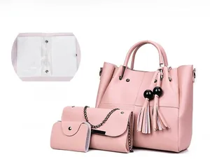 Dreiteiliges rosa PU-Leder-Eimertaschen-Set mit Shopper, Kettentasche und Kartenhalter-Etui