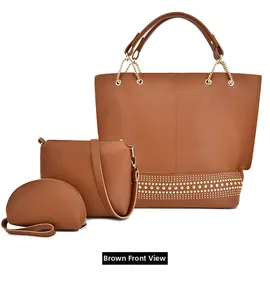 Set di 3 borse marroni con borsa a mano e tracolla decorate con borchie dorate