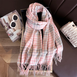 Pink and grey houndstooth scarf with tassels, soft winter cashmere-feel neck warmer