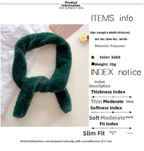 Detail of soft dark green faux fur scarf showing thick polyester texture and 95x5cm size