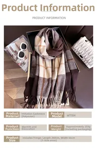 Close-up of brown and white checkered scarf with tassels on a lifestyle background
