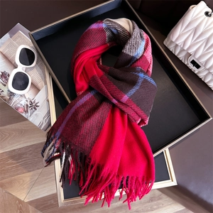 Classic red plaid cashmere-like scarf with tassels for winter fashion style