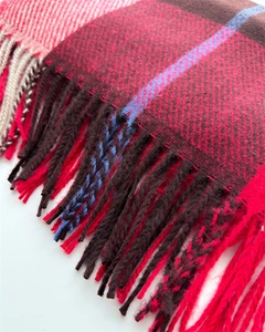 Detailed close-up of large check pattern and soft tassels on a multicolor scarf
