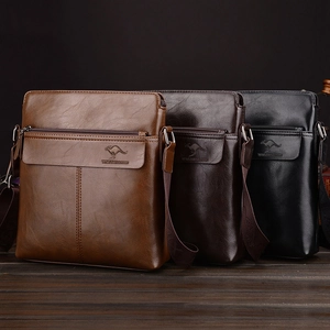 Men's business casual shoulder bags in black, brown, and coffee textured leather finish