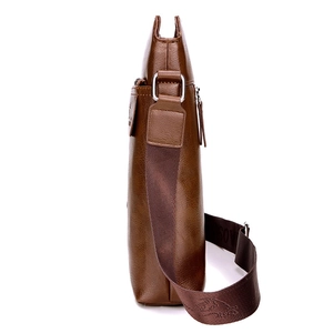 Brown men's business casual shoulder bag with leather texture and logo strap in side view