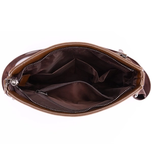 Vertical brown leather shoulder bag with interior organizer pockets and metal zipper