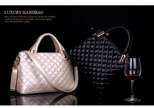 Close-up of diamond quilted shoulder bags in black and beige with gold hardware detail
