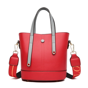 Fashion Women Bucket Bag PU Leather Handbag Contrast Color With Wide Letter Print Strap Large Capacity Shoulder Bag