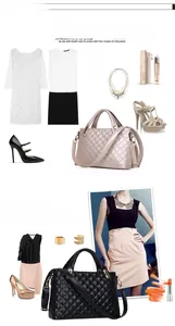 Detail display of stylish quilted handbags in black and champagne with fashion accessories