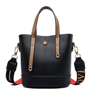 Fashion black leather bucket bag with brown handles and a LOVE embroidered wide strap