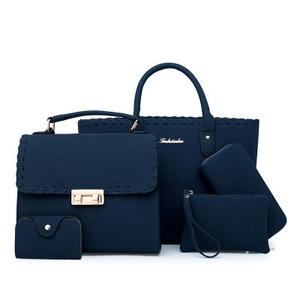 5-teiliges Damen Handtaschen Set in Dunkelblau mit Shopper und handgeflochtenen Kanten