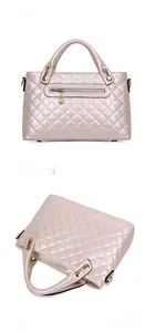 Detailed views of the beige quilted shoulder bag showing back pocket and golden zipper
