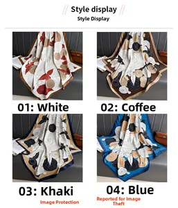 Detail of 90cm silk scarves showing small floral prints in white, coffee, khaki and blue