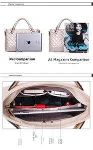 Quilted tote bag interior layout showing multiple storage pockets and iPad size comparison