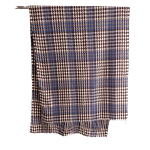 Classic plaid tassel scarf in brown and blue houndstooth weave for winter warmth