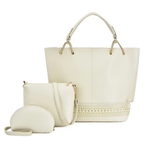 Set di 3 borse beige in pelle PU con borchie dorate e dettagli di catena metallica