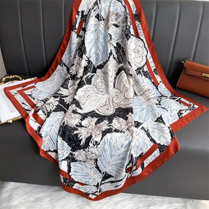 Grand Foulard Carré Simili Satin Imprimé Croquis Floral Rétro Élégant Châle Satin Bandana Foulard Femmes Accessoire