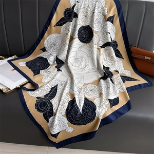 90cm silk square scarf with vintage rose floral print on khaki background
