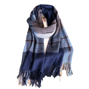 Classic plaid scarf in blue and grey faux cashmere with fringe for autumn and winter